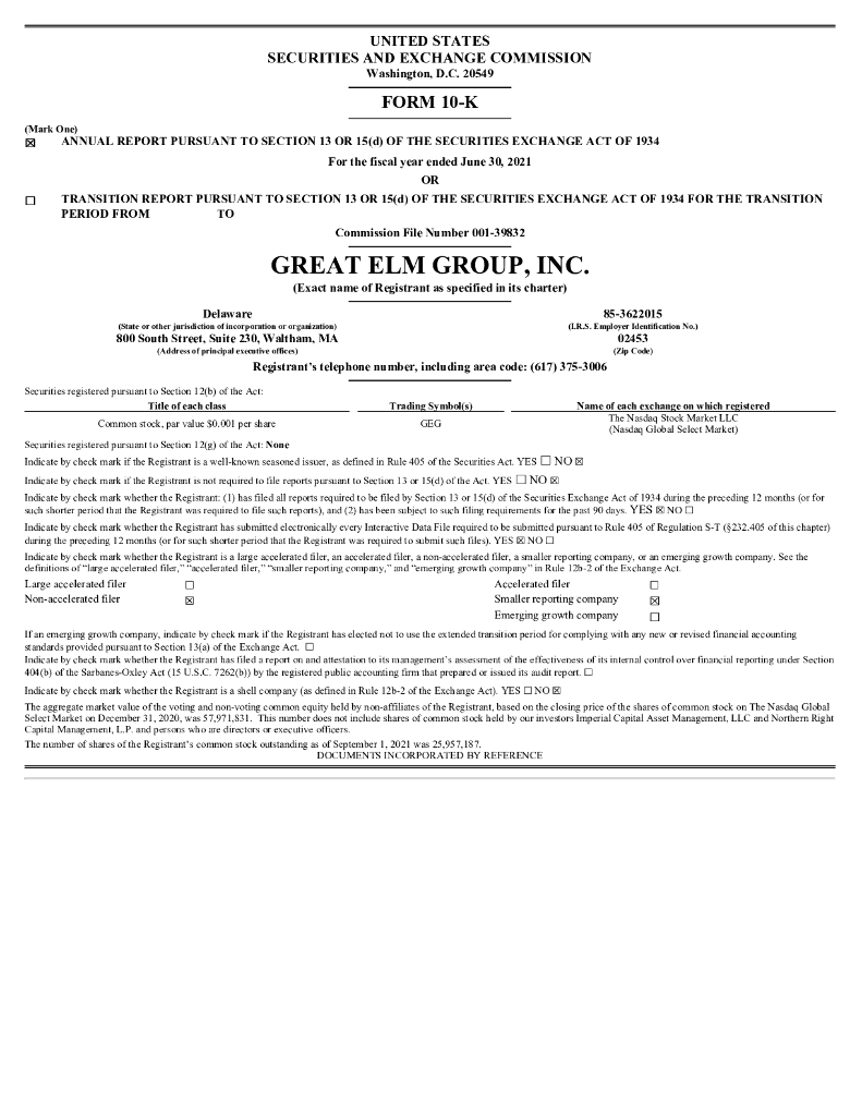 Great Elm Group,Inc.（GEG）2021财年年度报告（英文版）
