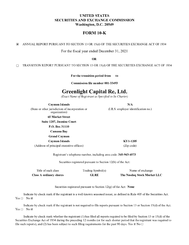 Greenlight Capital Re,Ltd.（GLRE）2021财年年度报告（英文版）