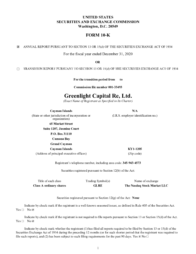 Greenlight Capital Re,Ltd.（GLRE）2020财年年度报告（英文版）