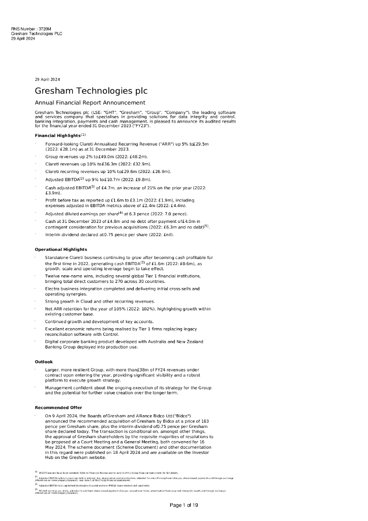 Gresham Technologies plc（GHT.L）2023财年年度报告（英文版）