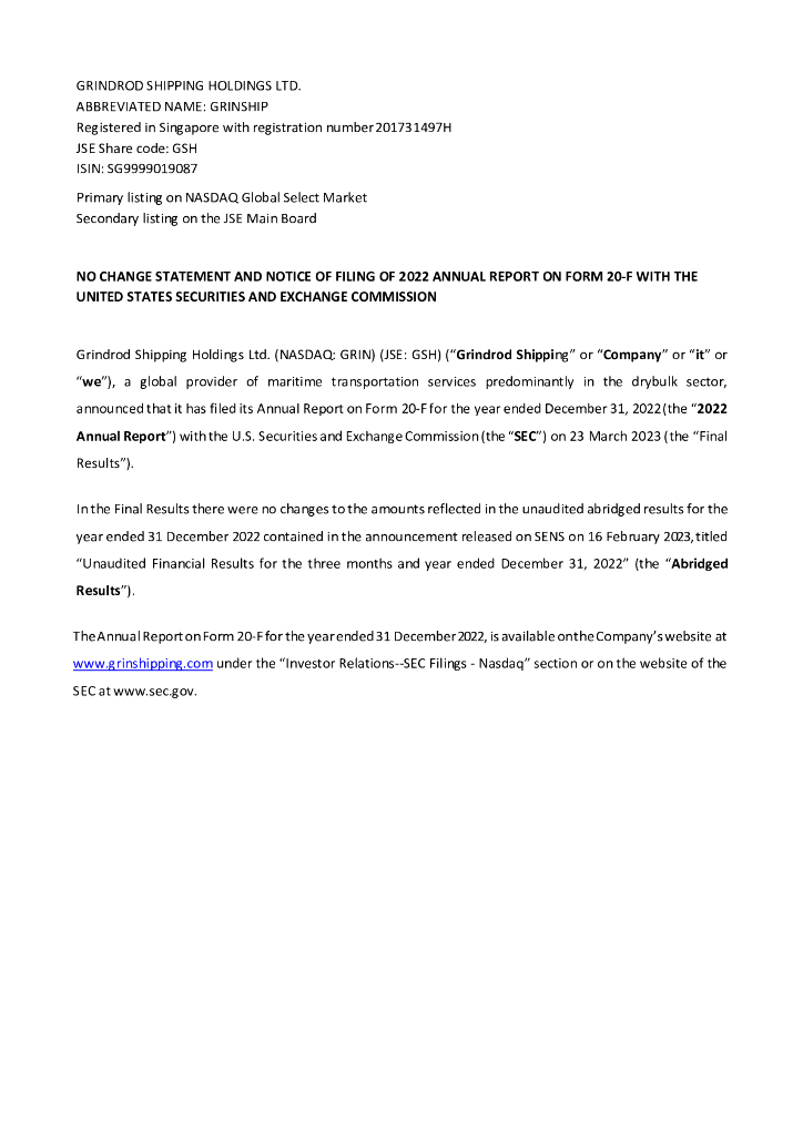 Grindrod Shipping Holdings Ltd.（GRIN）2022财年年度报告（英文版）