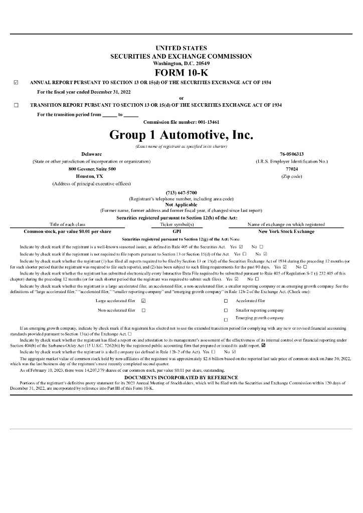 Group 1 Automotive Inc.（GPI）2022财年年度报告（英文版）