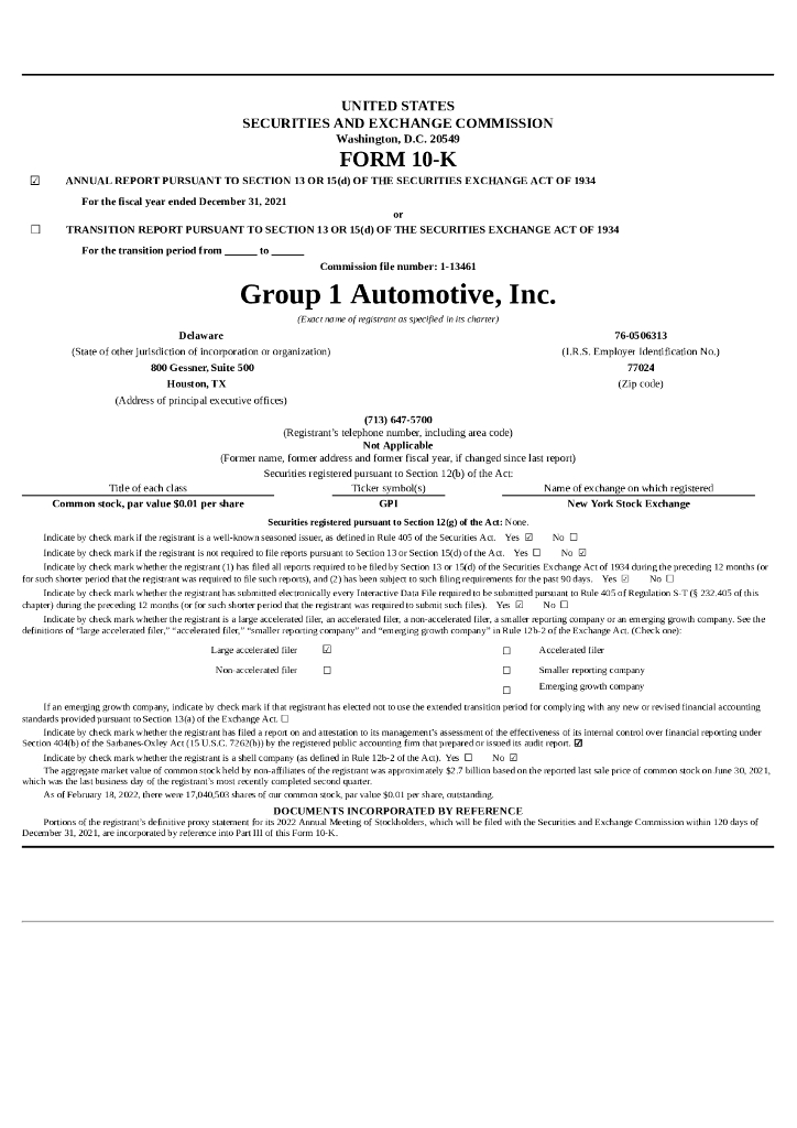 Group 1 Automotive Inc.（GPI）2021财年年度报告（英文版）