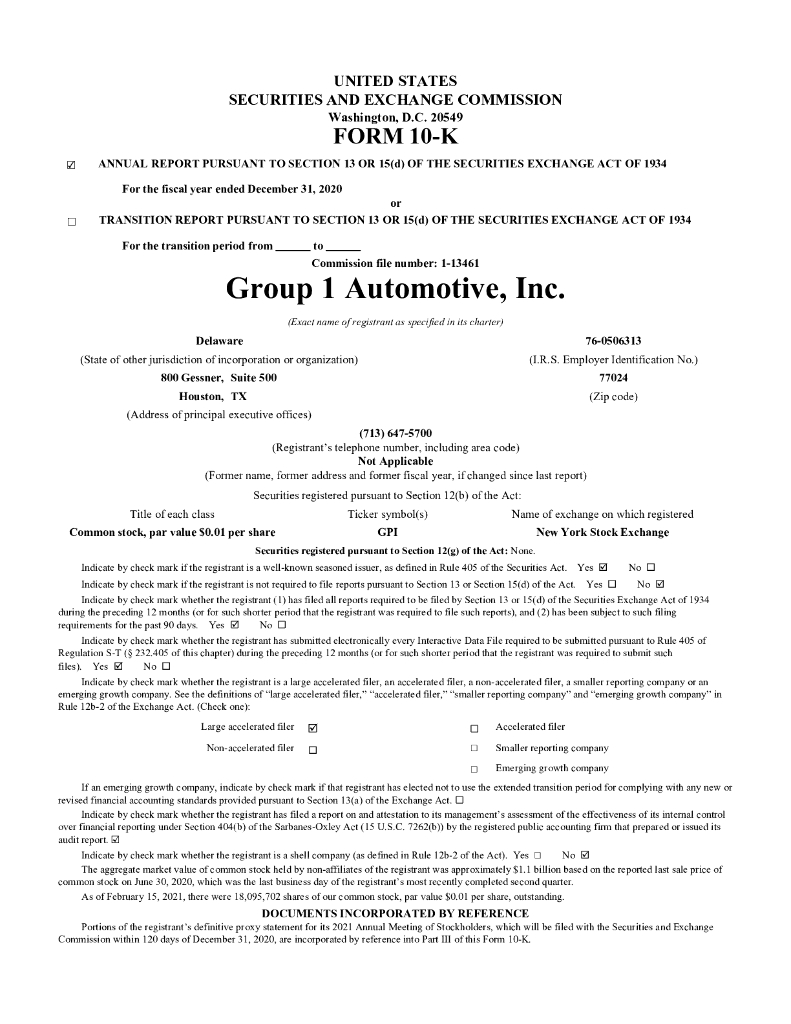 Group 1 Automotive Inc.（GPI）2020财年年度报告（英文版）