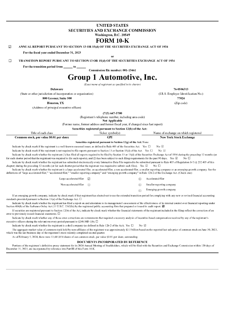 Group 1 Automotive Inc.（GPI）2023财年年度报告（英文版）