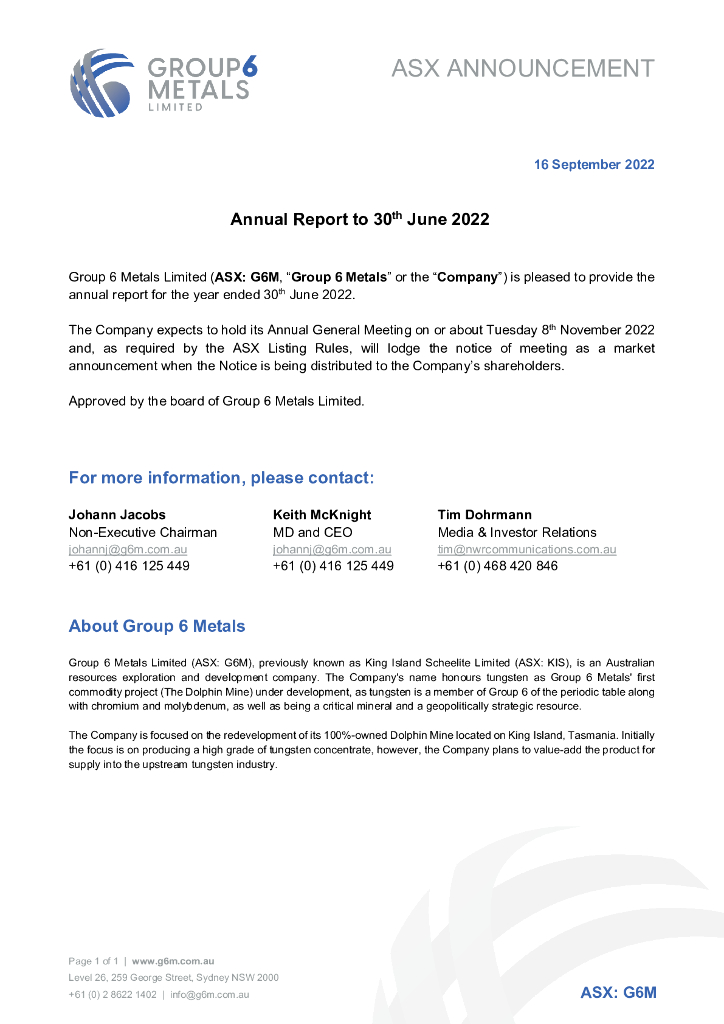 Group 6 Metals Limited（G6M）2022财年年度报告（英文版）