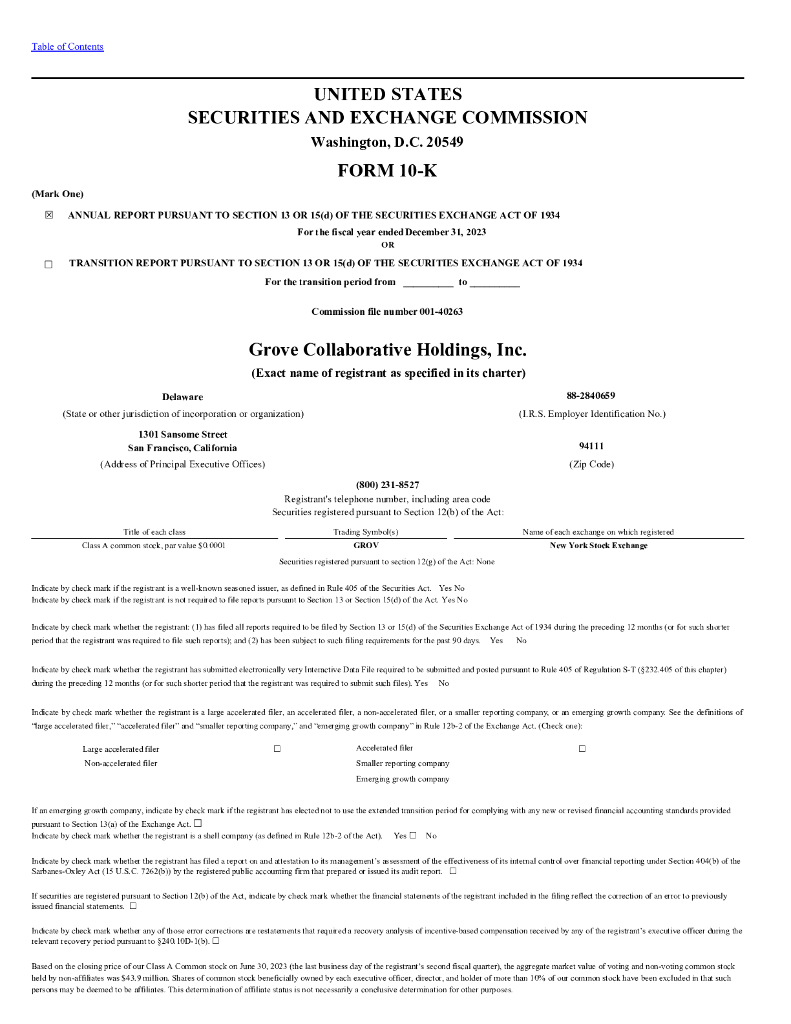 Grove Collaborative Holdings,Inc.（GROV）2023财年年度报告（英文版）