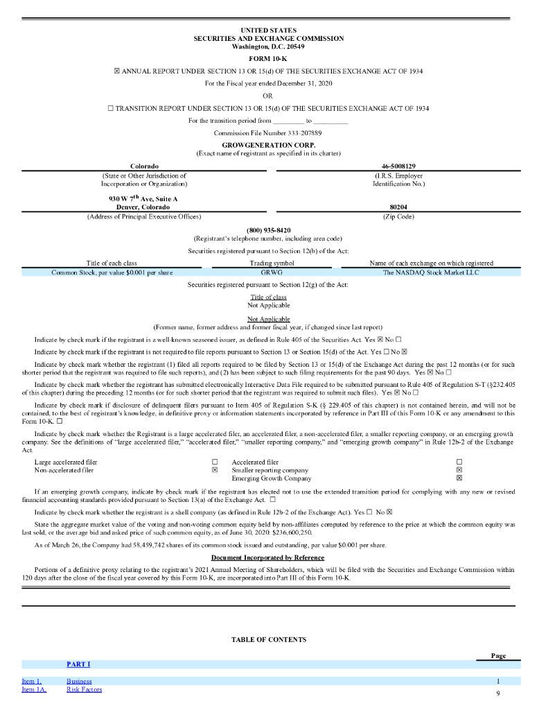 GrowGeneration Corp.（GRWG）2020财年年度报告（英文版）