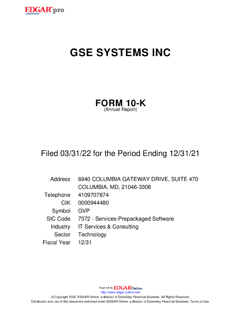 GSE Systems Inc.（GVP）2021财年年度报告（英文版）