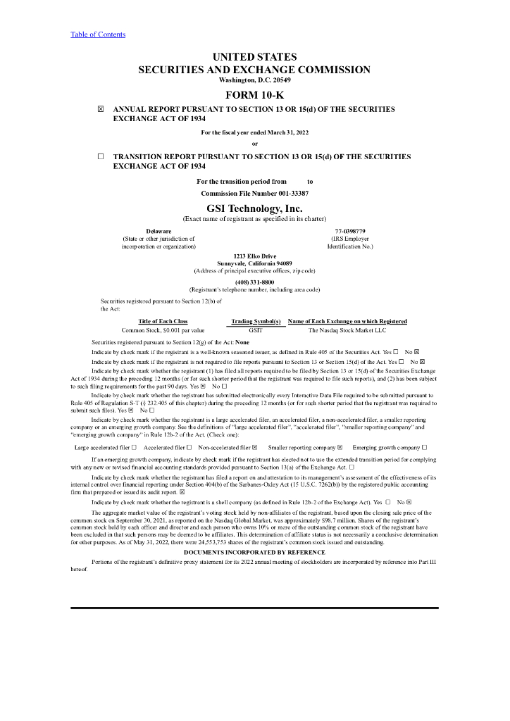 GSI Technology Inc.（GSIT）2022财年年度报告（英文版）