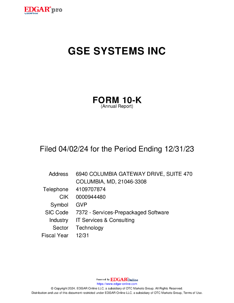 GSE Systems Inc.（GVP）2023财年年度报告（英文版）