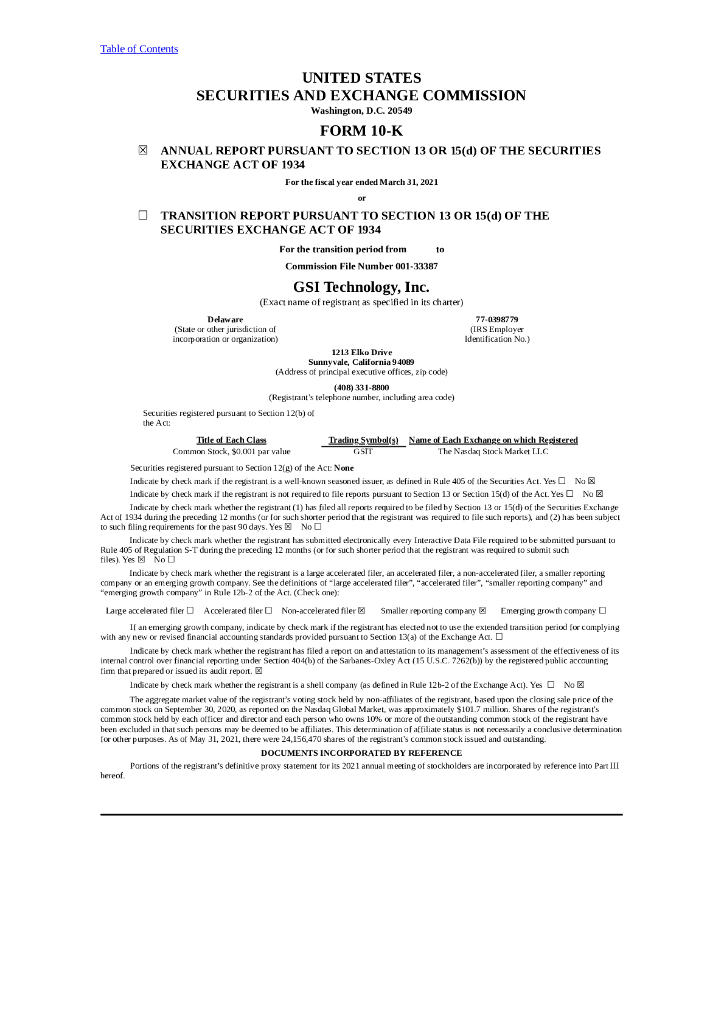 GSI Technology Inc.（GSIT）2021财年年度报告（英文版）