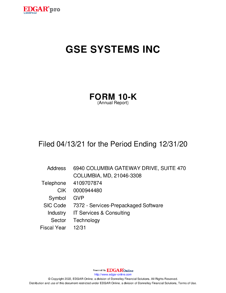 GSE Systems Inc.（GVP）2020财年年度报告（英文版）