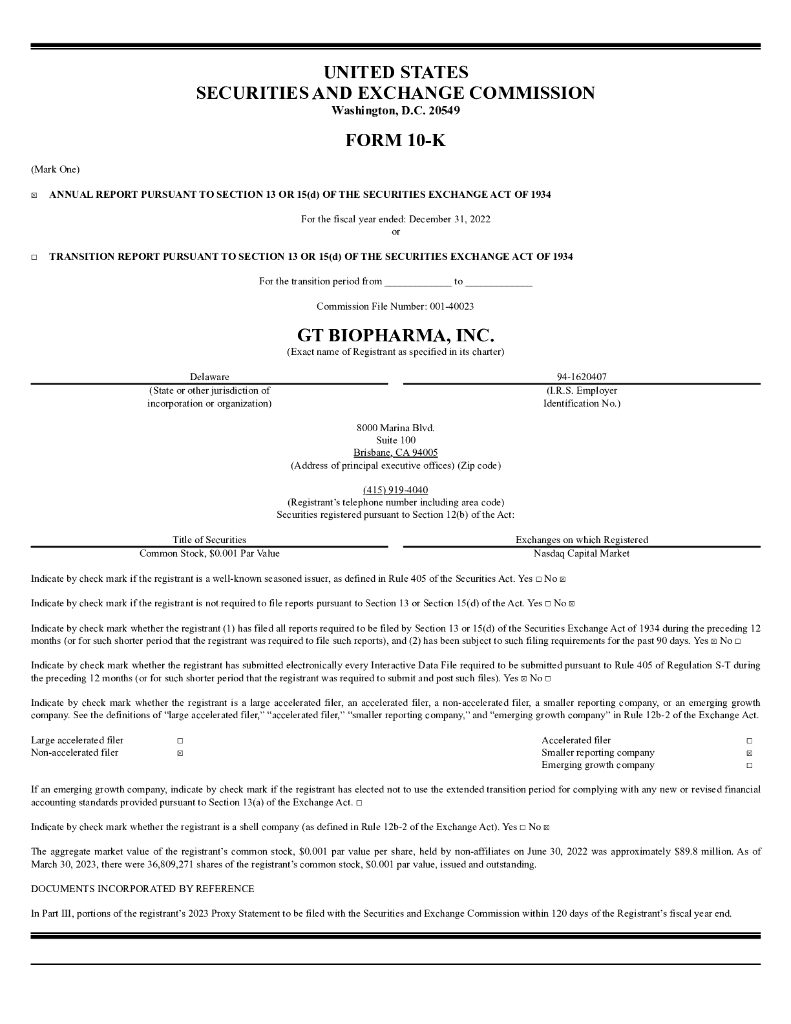 GT Biopharma,Inc.（GTBP）2022财年年度报告（英文版）