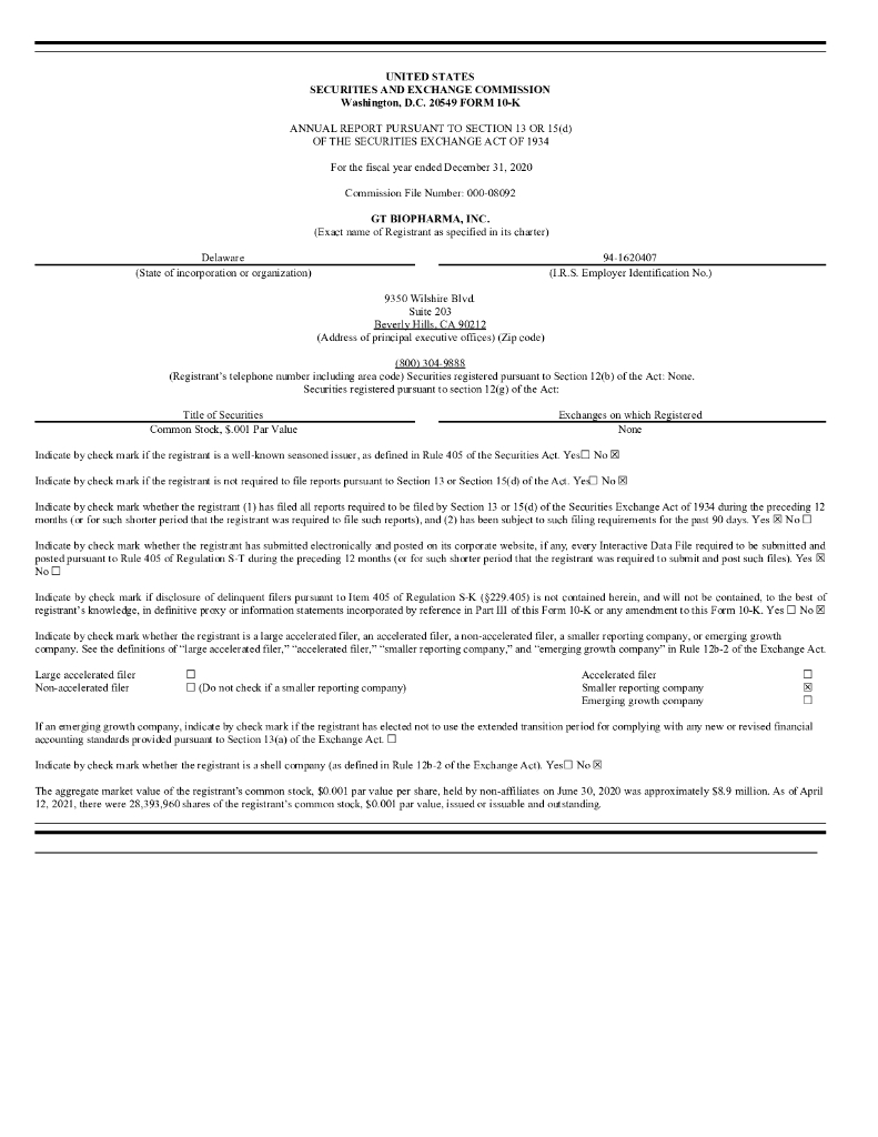 GT Biopharma,Inc.（GTBP）2020财年年度报告（英文版）