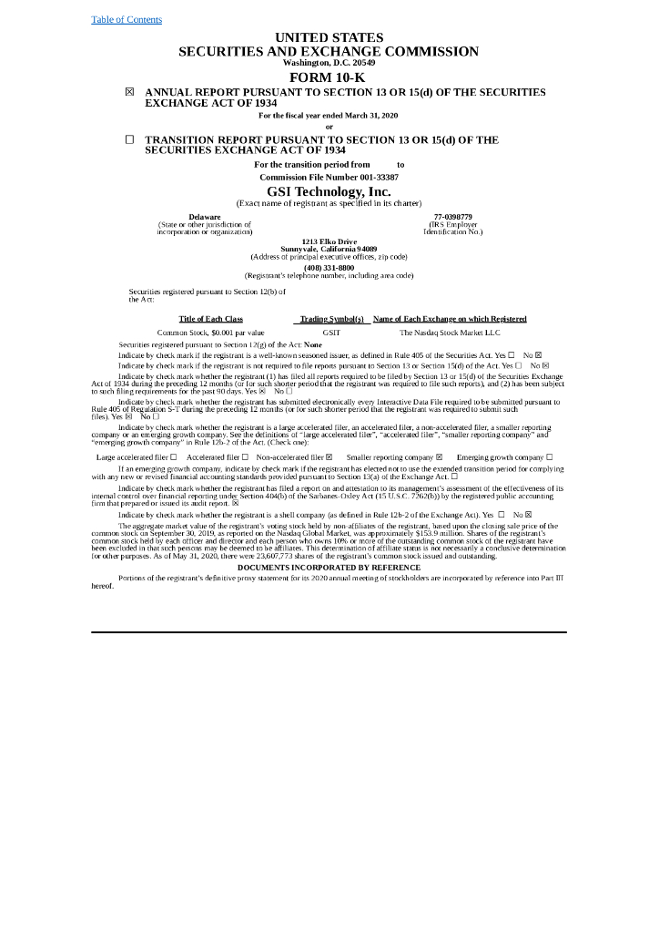 GSI Technology Inc.（GSIT）2020财年年度报告（英文版）