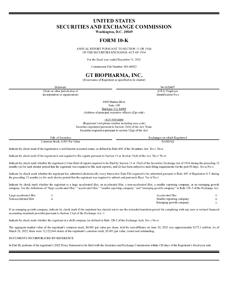 GT Biopharma,Inc.（GTBP）2021财年年度报告（英文版）