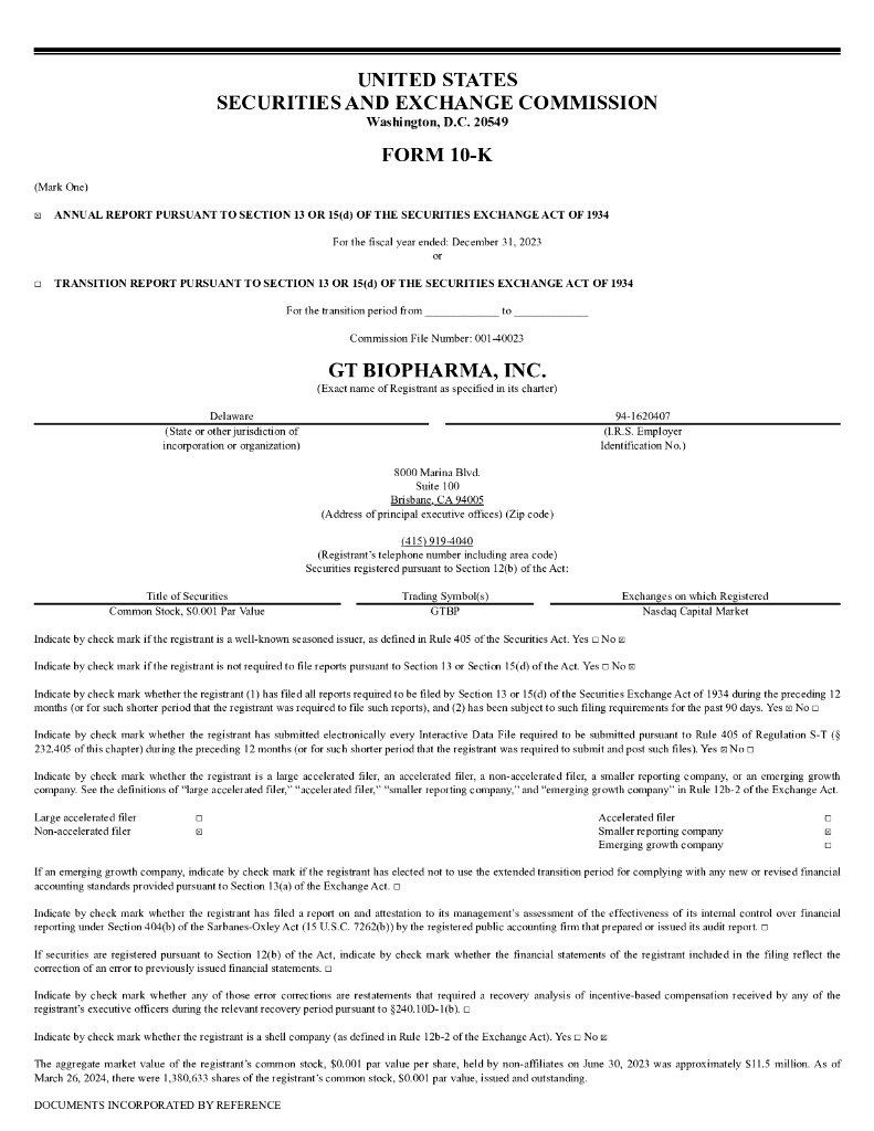 GT Biopharma,Inc.（GTBP）2023财年年度报告（英文版）