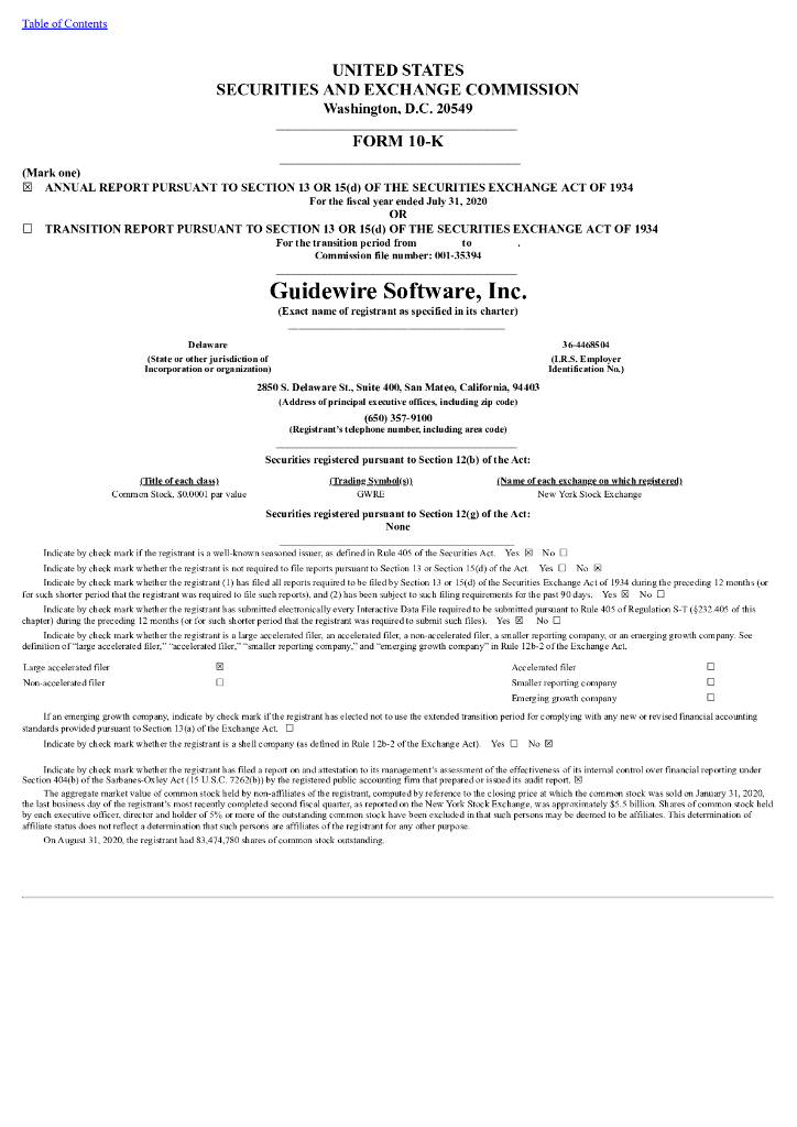 Guidewire Software Inc（GWRE）2020财年年度报告（英文版）