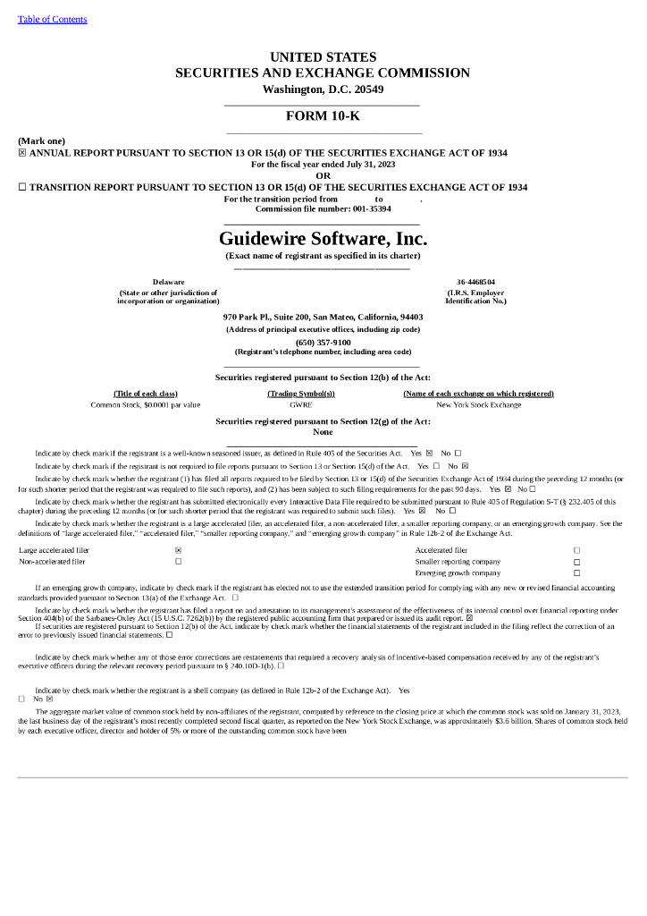 Guidewire Software Inc（GWRE）2023财年年度报告（英文版）