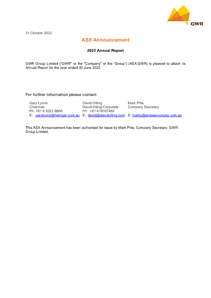 GWR Group Limited（GWR）2022财年年度报告（英文版）