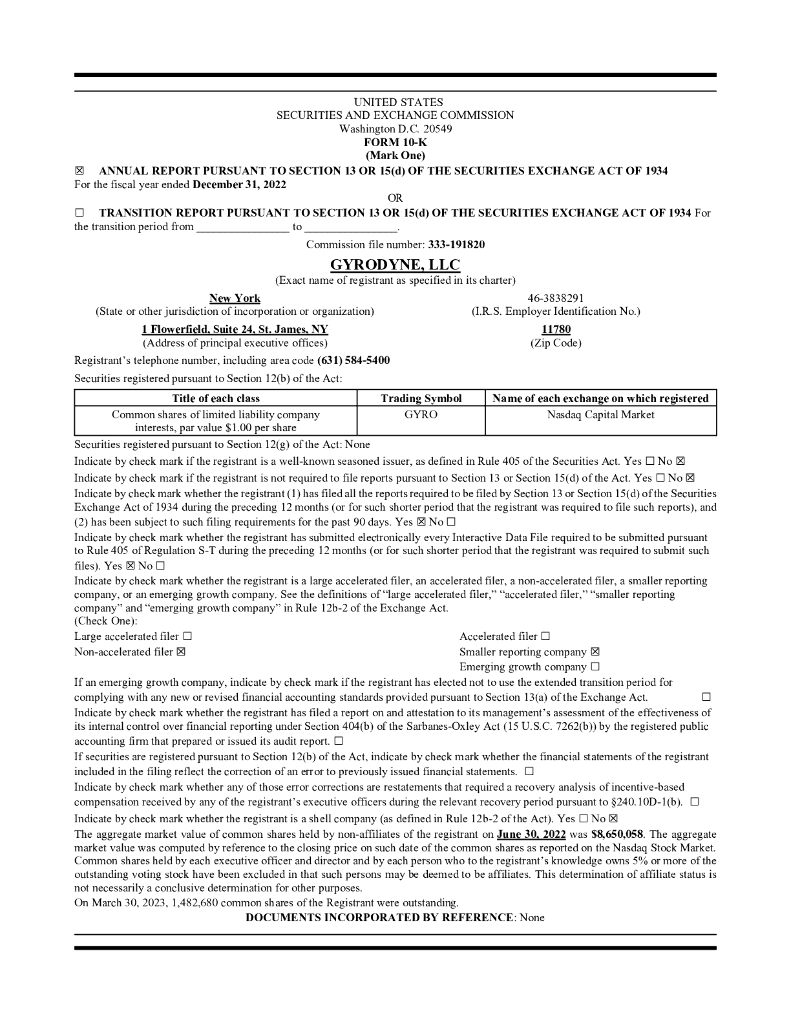 Gyrodyne,LLC（GYRO）2022财年年度报告（英文版）