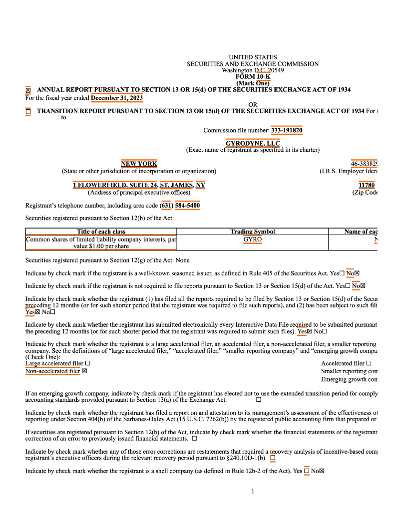 Gyrodyne,LLC（GYRO）2023财年年度报告（英文版）