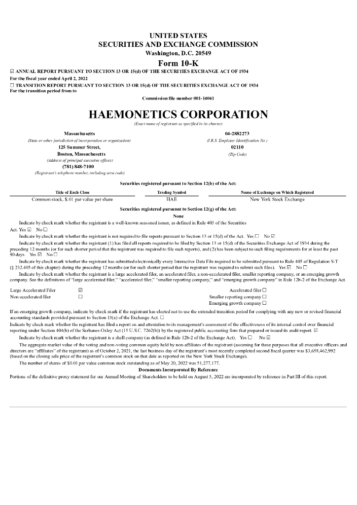 Haemonetics Corporation（HAE）2022财年年度报告（英文版）