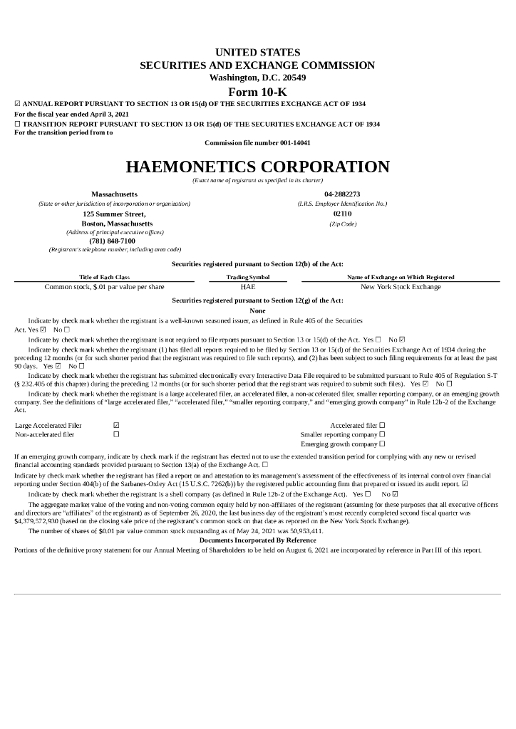 Haemonetics Corporation（HAE）2021财年年度报告（英文版）