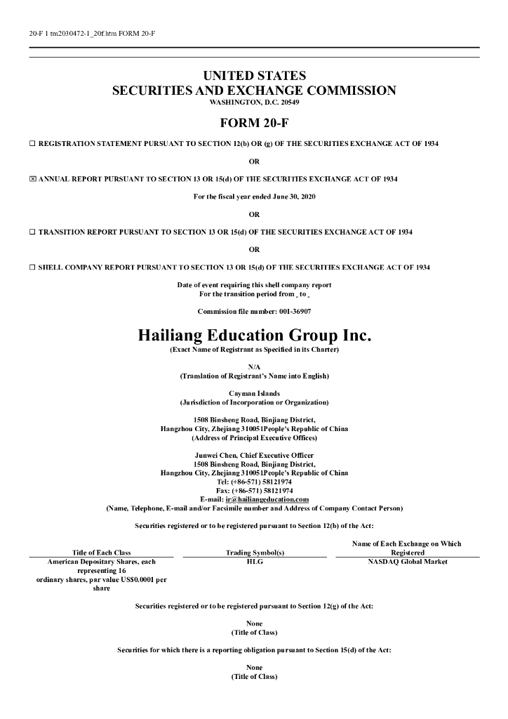 Hailiang Education Group Inc.（HLG）2020财年年度报告（英文版）