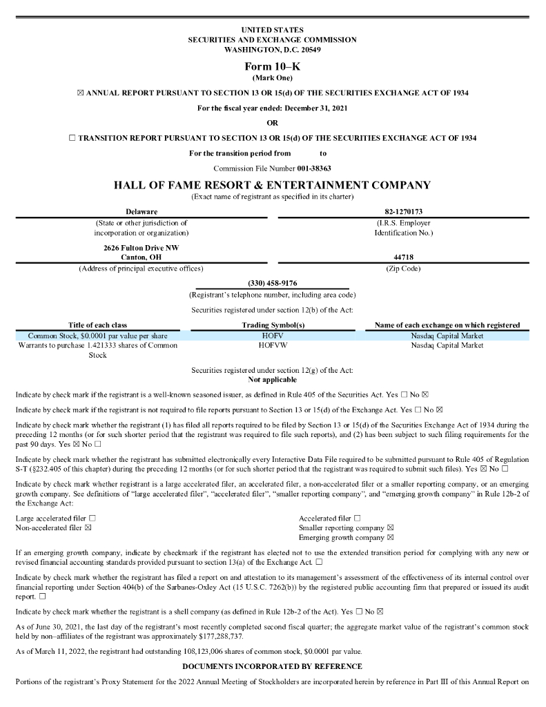 Hall of Fame Resort&Entertainment Company（HOFV）2021财年年度报告（英文版）