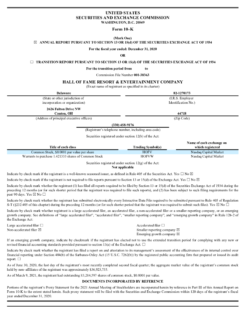 Hall of Fame Resort&Entertainment Company（HOFV）2020财年年度报告（英文版）