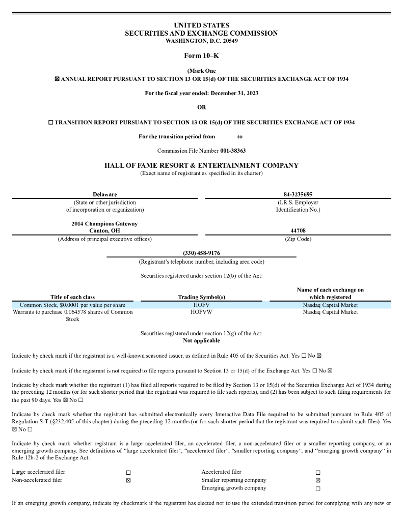 Hall of Fame Resort&Entertainment Company（HOFV）2023财年年度报告（英文版）