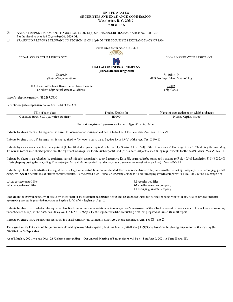Hallador Energy Company（HNRG）2020财年年度报告（英文版）