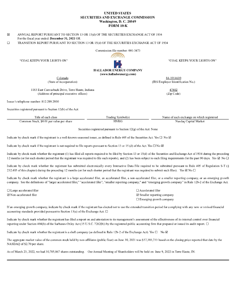 Hallador Energy Company（HNRG）2021财年年度报告（英文版）