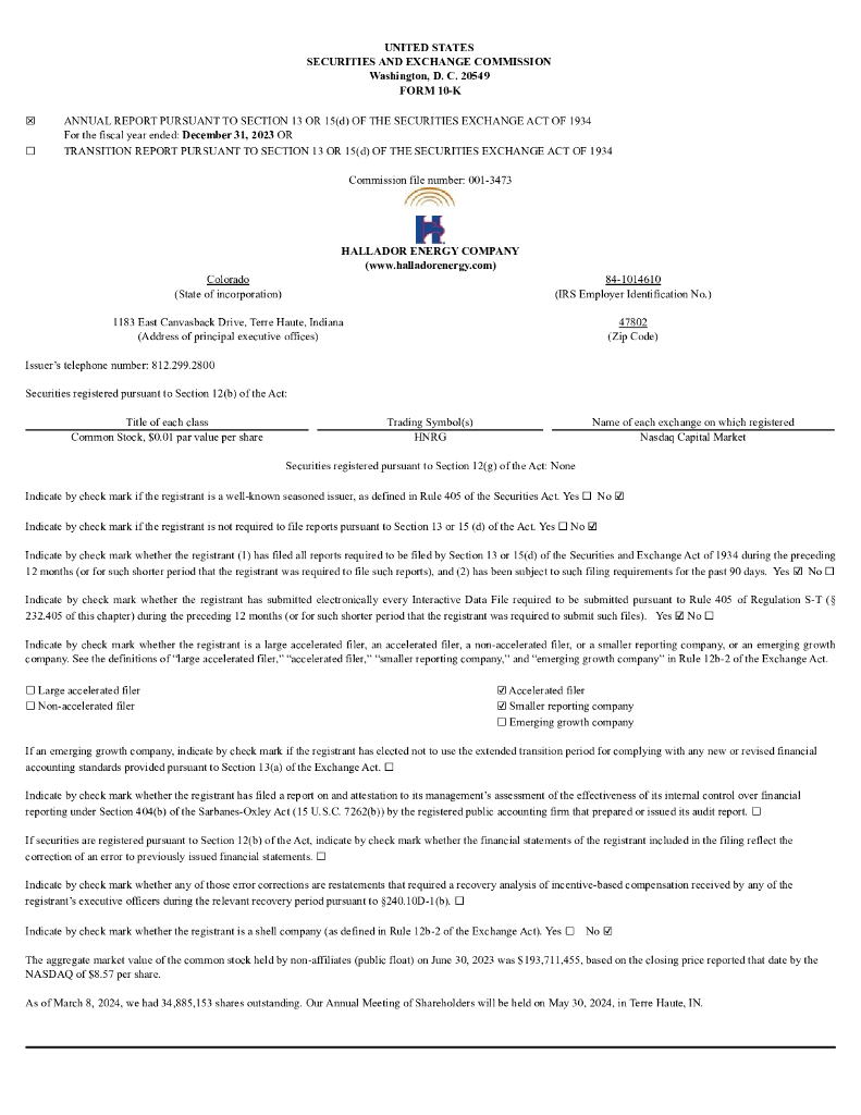 Hallador Energy Company（HNRG）2023财年年度报告（英文版）