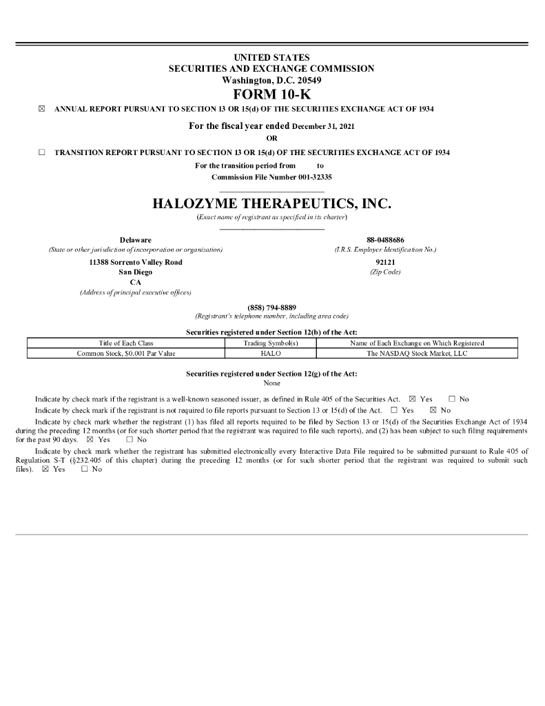 Halozyme Therapeutics,Inc.（HALO）2021财年年度报告（英文版）