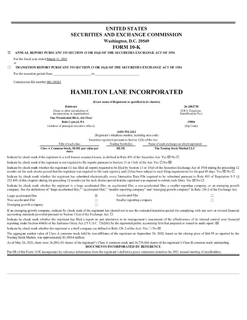 Hamilton Lane Incorporated（HLNE）2021财年年度报告（英文版）