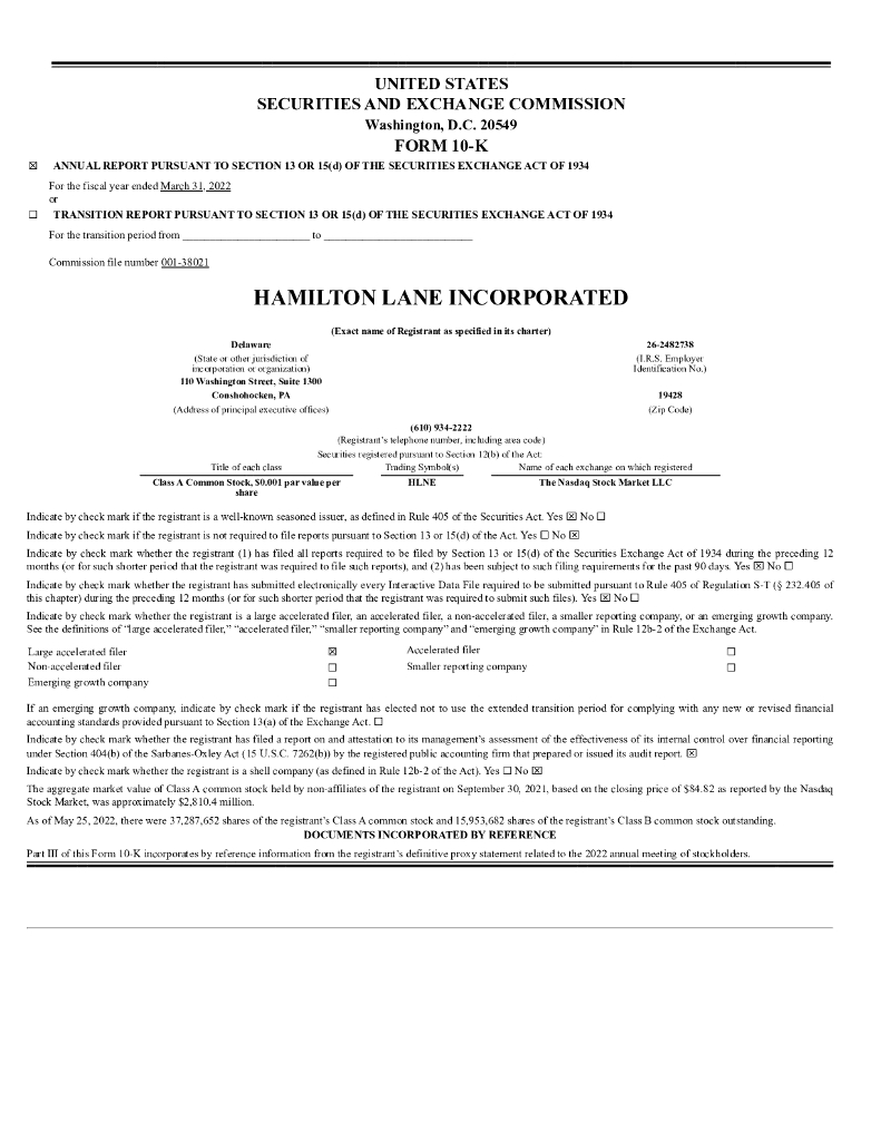Hamilton Lane Incorporated（HLNE）2022财年年度报告（英文版）