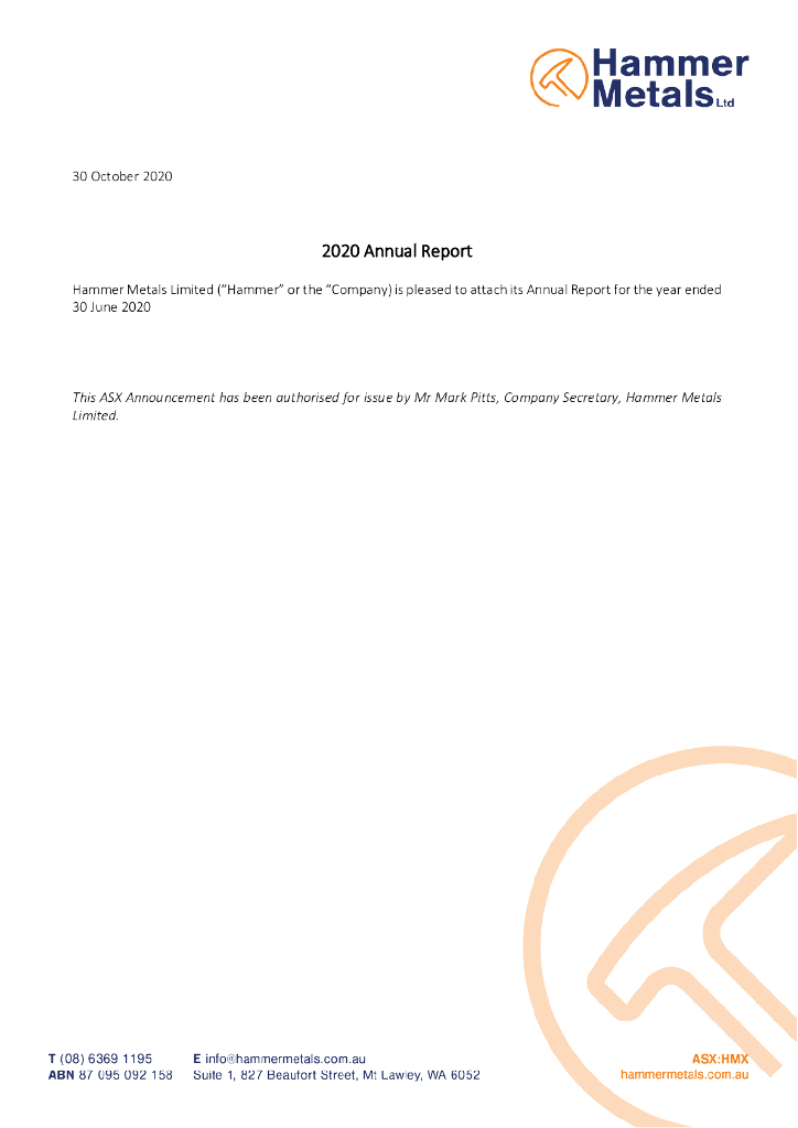 Hammer Metals（HMX）2020财年年度报告（英文版）