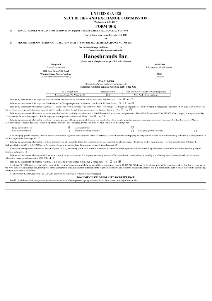 Hanesbrands Inc.（HBI）2023财年年度报告（英文版）