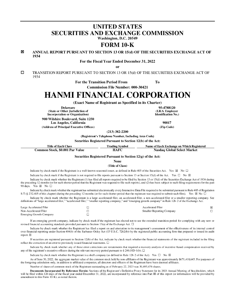 Hanmi Financial Corporation（HAFC）2022财年年度报告（英文版）
