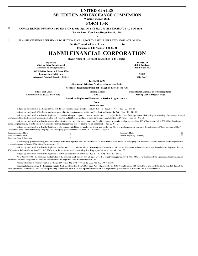 Hanmi Financial Corporation（HAFC）2021财年年度报告（英文版）