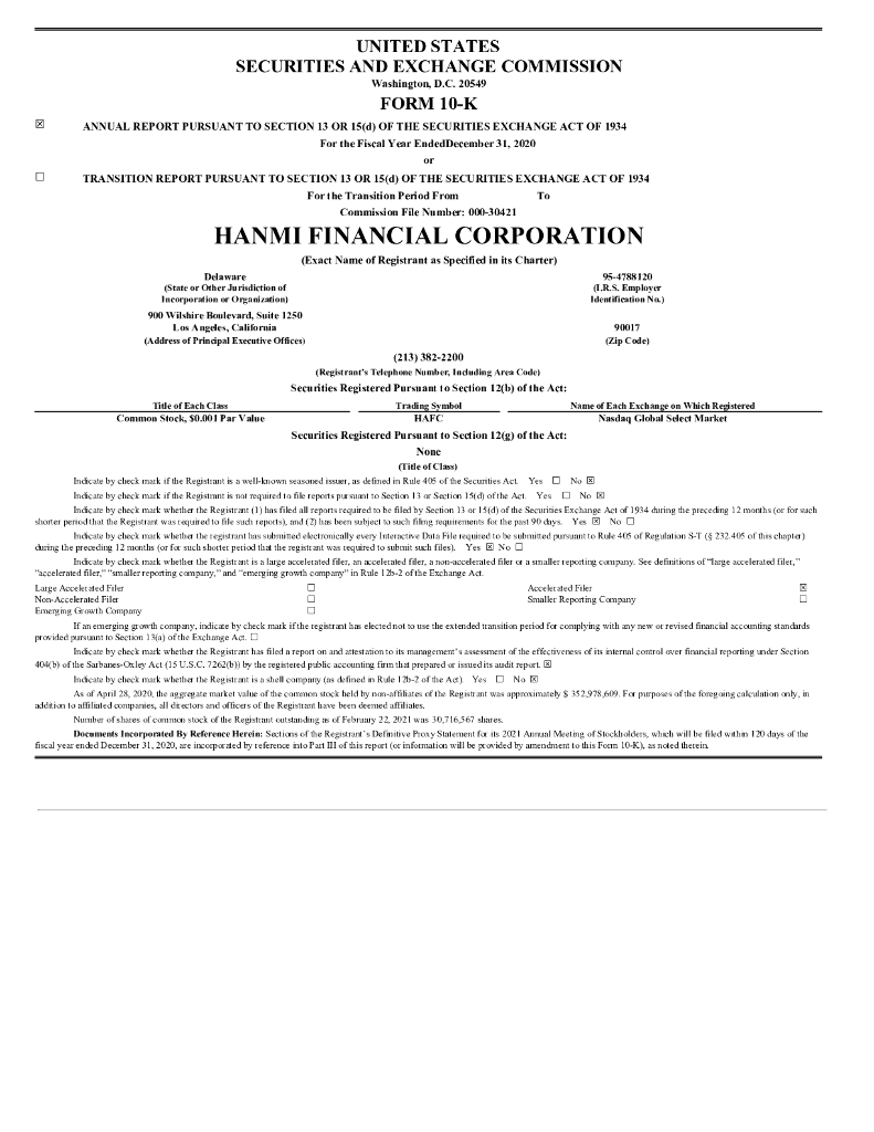 Hanmi Financial Corporation（HAFC）2020财年年度报告（英文版）