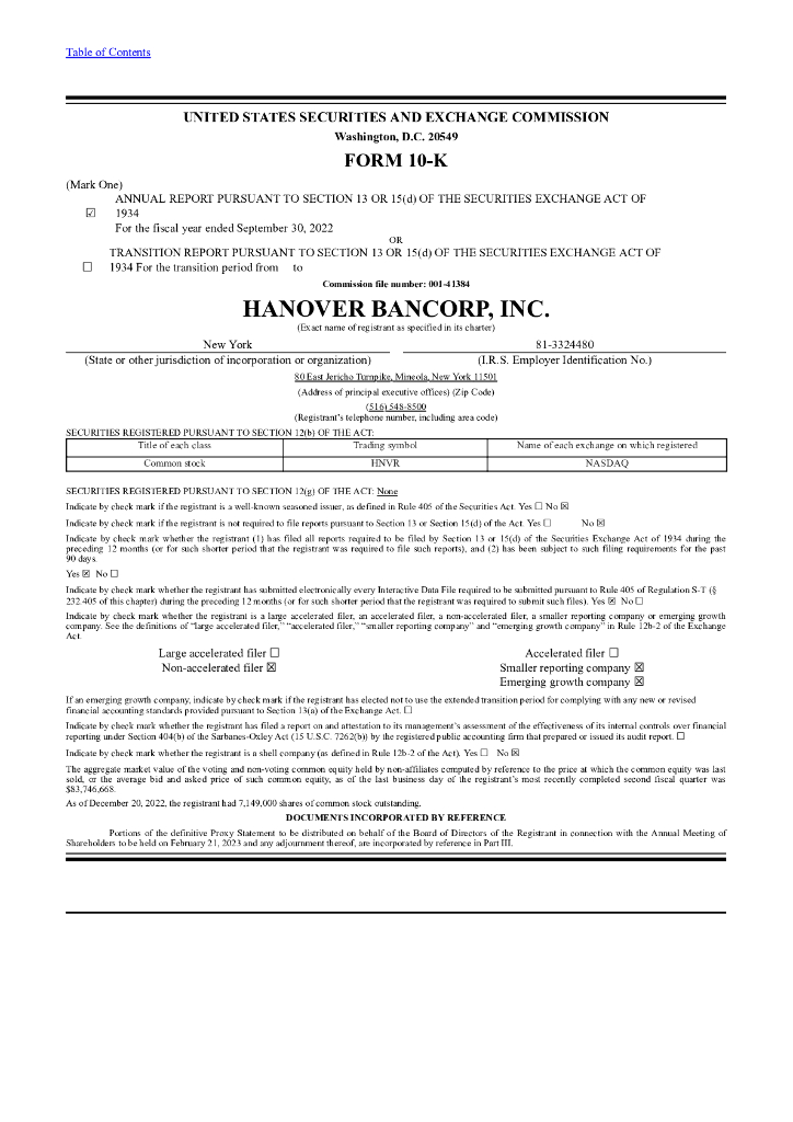 Hanover Bancorp,Inc.（HNVR）2022财年年度报告（英文版）