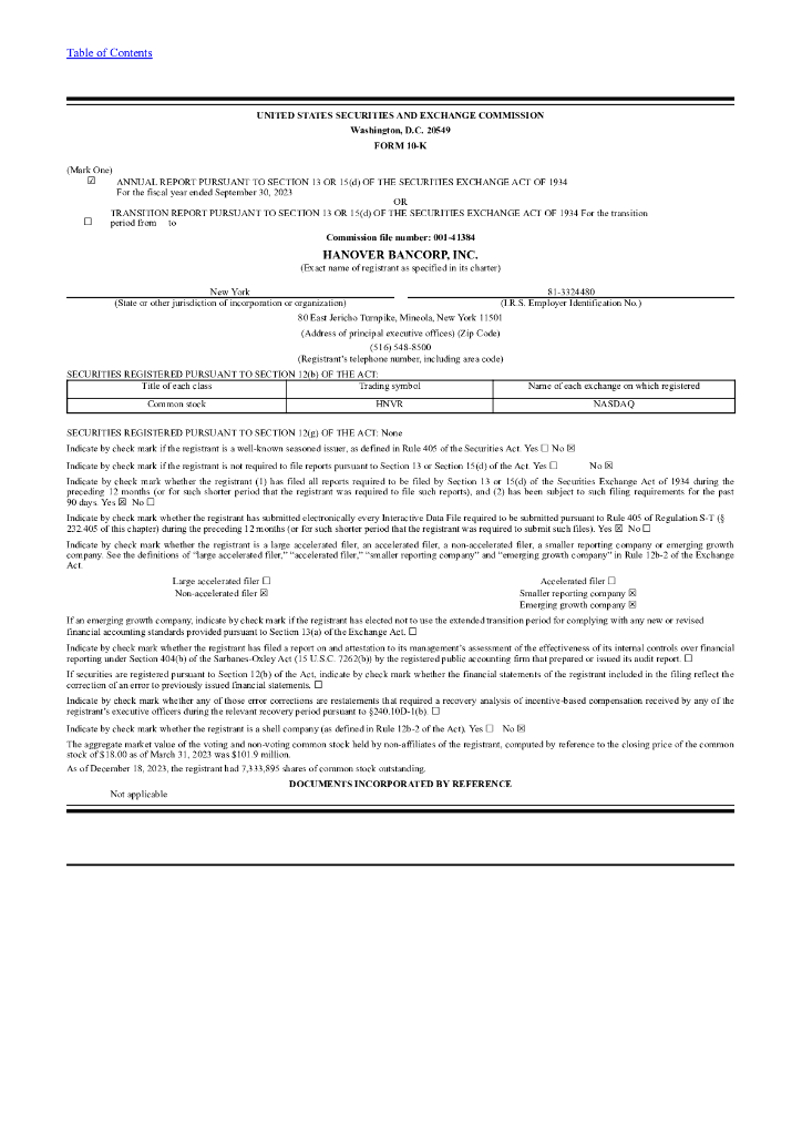 Hanover Bancorp,Inc.（HNVR）2023财年年度报告（英文版）