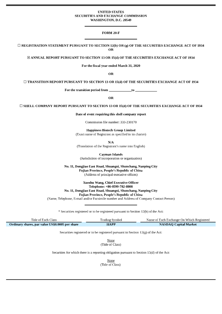 Happiness Biotech Group Limited（HAPP）2020财年年度报告（英文版）