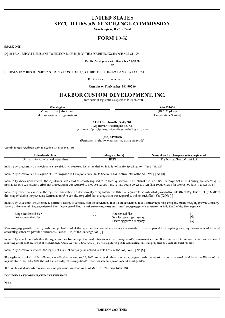 Harbor Custom Development,Inc.（HCDI）2020财年年度报告（英文版）