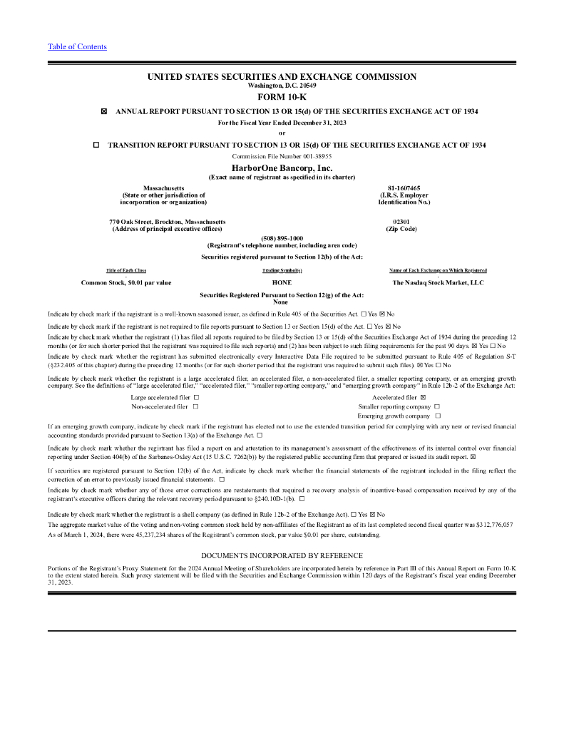 HarborOne Bancorp,Inc.（HONE）2023财年年度报告（英文版）