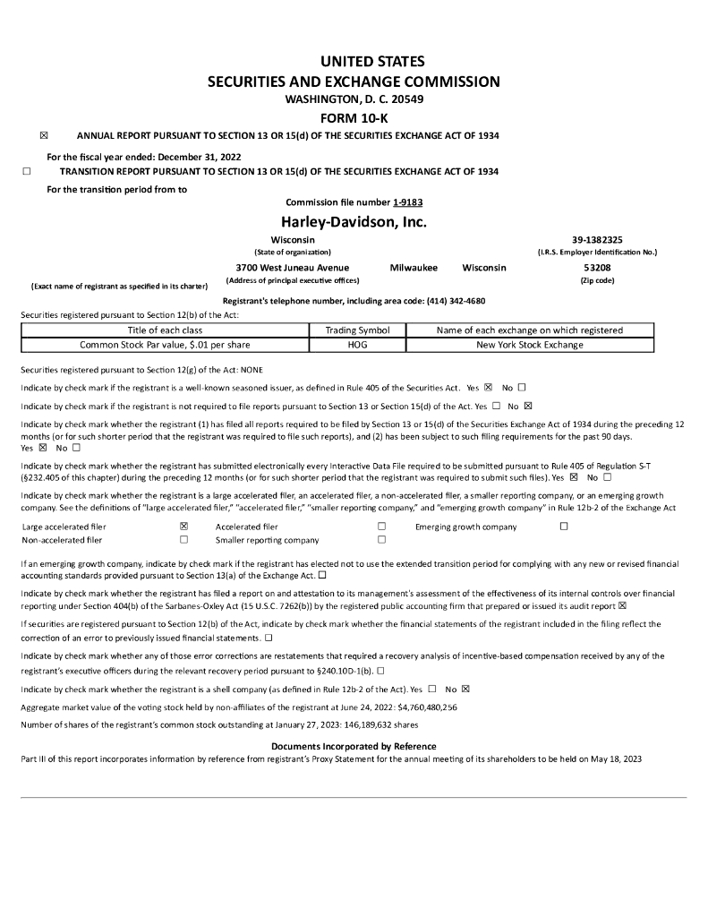 Harley-Davidson,Inc.（HOG）2022财年年度报告（英文版）